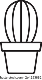 A simple black and white line drawing of a barrel cactus in a pot, isolated on a white background.
