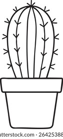 A simple black and white line drawing of a potted cactus with vertical ribs and small spines. The pot is a basic shape.