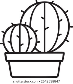 A simple black and white line drawing of two round cacti in a rectangular pot, featuring small spines.