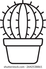 A simple black and white line drawing of a barrel cactus in a pot, showcasing its segmented form and spiky texture.