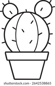 Um simples desenho de linha preta e branca de um cacto em vaso com botões redondos e pequenas espinhas.