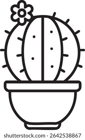 A simple black and white line drawing of a cactus in a pot, adorned with a flower, perfect for design projects.