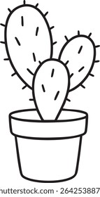 A simple, black and white line drawing of a cactus in a pot. The cactus has three rounded segments and thorns.