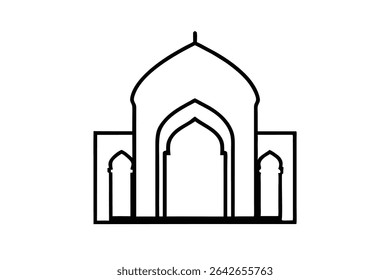 A simple black and white line drawing of a mosque.