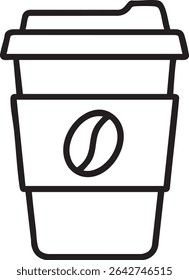 A simple black and white line drawing of a coffee cup with a coffee bean symbol.