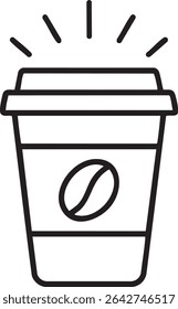 A simple black and white line drawing of a coffee cup with a lid and a coffee bean symbol.