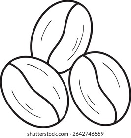 A simple, black and white line drawing of three coffee beans arranged together, perfect for a minimalist design.