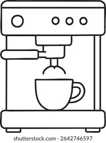 A simple, black and white line drawing of an espresso machine brewing coffee into a cup.