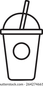 A simple black and white line drawing of a disposable cup with a dome lid and a straw.