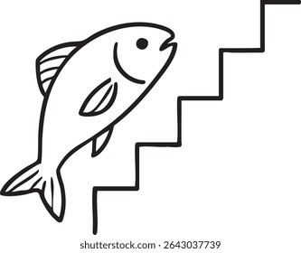 A simple black and white line drawing depicts a fish climbing a set of stairs, symbolizing ambition and overcoming challenges.
