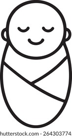 A simple black and white line drawing of a baby swaddled in a blanket, sleeping peacefully with a slight smile.