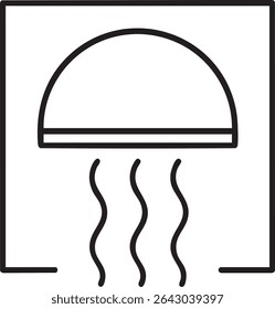 Um simples desenho em linha preta e branca de uma sauna com aumento de vapor, encerrado numa moldura quadrada.