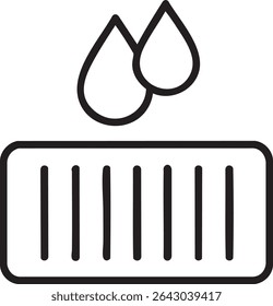 Um simples desenho em linha preta e branca de um umidificador ou evaporador com gotas de água acima de uma grelha.