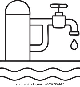 A simple black and white line drawing of a water tower connected to a faucet with a water drop falling, above wavy lines.
