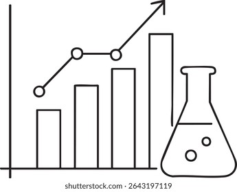 A simple black and white line drawing shows a bar graph with an upward trend line and a laboratory beaker.