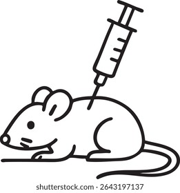A simple black and white line drawing depicts a mouse with a syringe injecting its back, symbolizing research or medical testing.