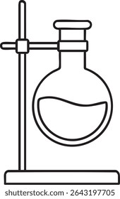 A simple black and white line drawing of a round bottom flask filled with liquid on a stand.