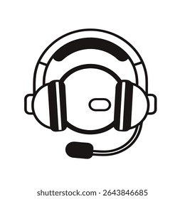 A simple black and white line drawing of a headset with a noise canceling microphone The headset is depicted in a minimalist style with bold black lines against a white background. 