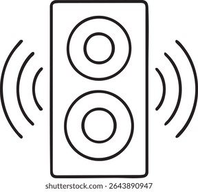 Um simples desenho de linha preto e branco de um alto-falante com ondas de som para representar a saída de áudio.