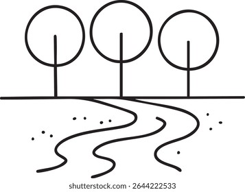 A simple black and white line drawing of a landscape with trees and a river, conveying a peaceful natural scene.