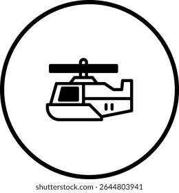 Simple black and white line drawing of a helicopter inside a circular border