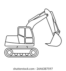A simple black and white line drawing of an excavator with a bucket. Heavy construction equipment for building and digging.