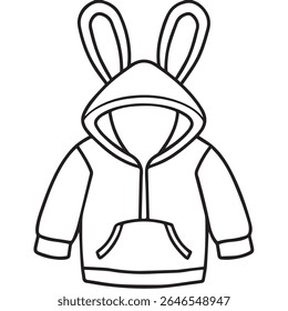 A simple black and white line drawing of a hoodie with attached bunny ears. This playful garment is perfect for casual wear or themed events, isolated on a white background.
