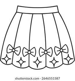 A simple black and white line drawing of a flared skirt with two bows at the top and star patterns on the panels, isolated on a white background.