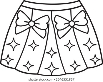 A simple black and white line drawing of a pleated skirt with a decorative hem featuring bows and star shapes, isolated on a white background.