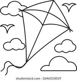 Um simples desenho de linha preta e branca de uma pipa voando no céu com nuvens e pássaros. A pipa tem uma cauda e é representada contra um fundo branco limpo.