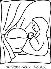 Um simples desenho em preto e branco retrata uma pessoa com um manto encapuzado sentada junto a uma janela, segurando uma xícara e observando o nascer do sol.
