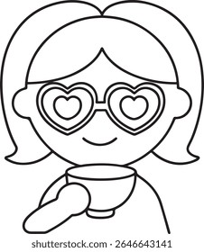 A simple black and white line drawing of a person wearing heart-shaped glasses and holding a cup with a spoon, conveying a sense of joy and affection.