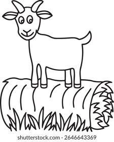 Um simples desenho a preto e branco de uma cabra de desenho animado em pé sobre um fardo de feno. O bode tem uma expressão amigável e está de frente.