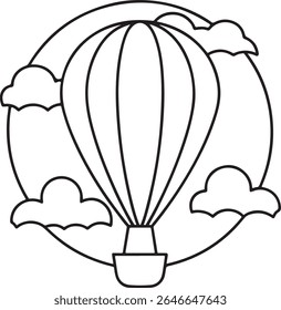 Um simples desenho em linha preta e branca de um balão de ar quente com padrões circulares, flutuando entre nuvens estilizadas, perfeito para colorir ou para fins educativos.