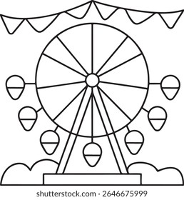Um simples desenho em linha preta e branca de uma roda-gigante com gôndolas, bunting festivo e nuvens estilizadas, isoladas em um fundo branco.