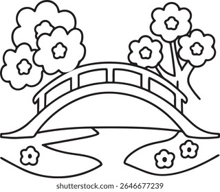 A simple black and white line drawing of a picturesque garden scene featuring a curved bridge over a winding stream, surrounded by blooming trees and flowers, isolated on white background.