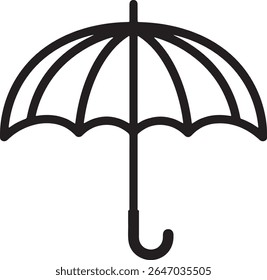 Simple black and white line drawing of an umbrella. Protection from rain and sun. Minimalist design, isolated on white.