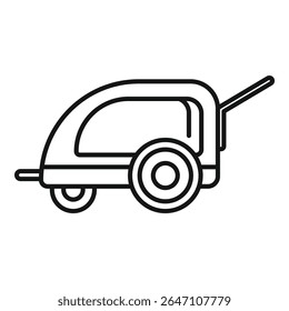 Simple black and white line drawing of a small camping trailer for road trips and tourism, isolated on a white background
