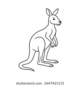 Um simples desenho de linha preta e branca de um canguru em pé na vertical. A ilustração apresenta linhas limpas e um estilo minimalista, perfeito para materiais educacionais ou design gráfico.
