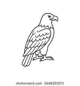 A simple black and white line drawing of an eagle standing proudly. The majestic bird is depicted in profile with its wings folded and sharp talons visible.