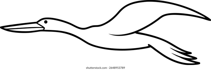 A simple black and white line drawing of a flying bird silhouette in flight