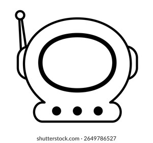 Simple black and white line drawing of astronaut helmet with antenna. Clipart image isolated on background.