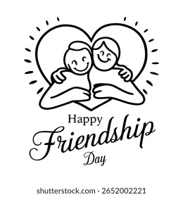 A simple, black and white line drawing depicts two smiling figures embracing within a heart shape, symbolizing friendship and togetherness. "Happy Friendship Day" is written below in elegant script.