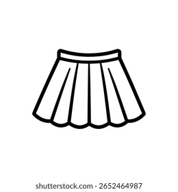 Simples desenho de linha preto e branco de uma minissaia, mostrando sua forma básica e características de design em um pano de fundo claro. Isolado em um fundo transparente.