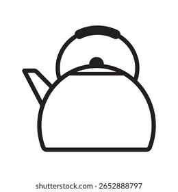 A simple black and white line drawing of a classic kettle with a handle and spout. Ideal for use in manuals, icons, kitchen-related designs, and minimalist illustrations.