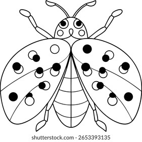 Um simples desenho em linha preta e branca de uma joaninha com manchas pretas em suas asas e cabeça. A joaninha tem antenas, olhos e pernas visíveis.