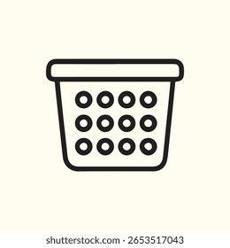 Um simples desenho a preto e branco representa uma cesta perfurada ideal para projetos que precisam de um elemento gráfico limpo e versátil.