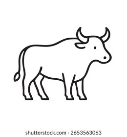 A simple, black and white line drawing of a bull standing sideways, featuring its horns, tail, and legs.