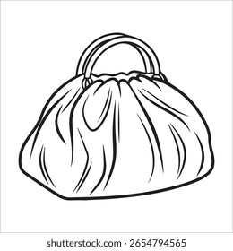 Un simple dibujo de línea en blanco y negro de un bolso con cordón. La bolsa tiene una forma redondeada con una abertura reunida en la parte superior, asegurada por un cordón. Dos asas curvas