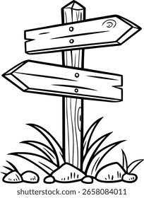 Un simple dibujo de línea en blanco y negro de una señal direccional de madera erosionada con dos signos en forma de flecha en blanco que apuntan en direcciones opuestas colocados contra un telón de fondo de hierba y piedras